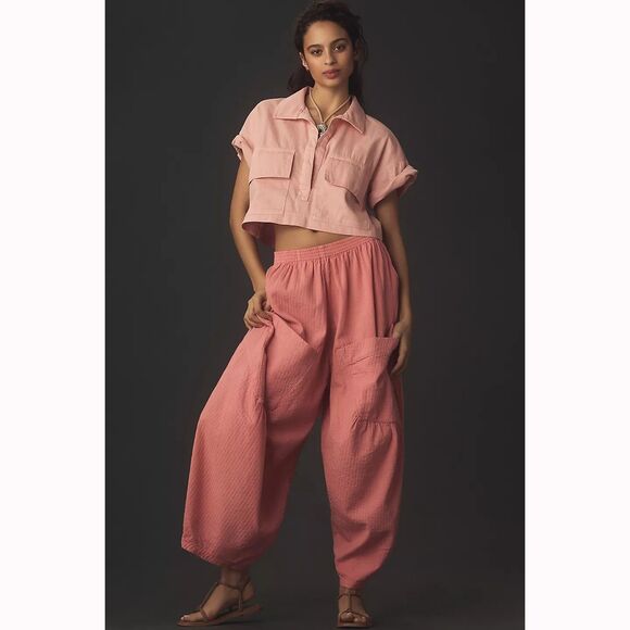 Anthropologie Pilcro Soft Barrel Pants Striped Textured Pull-On Cotton S 279412